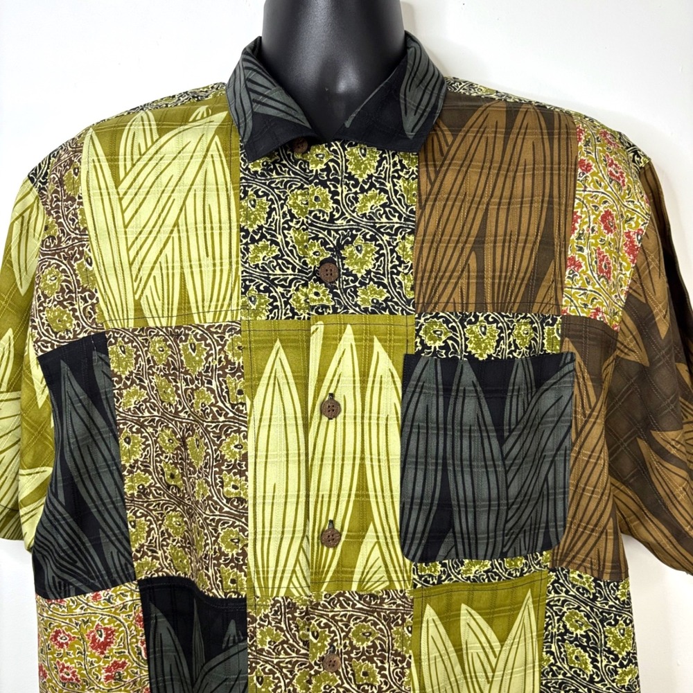 Tommy Bahama Mens M Silk Patchwork Botanical Camp Shirt Green Brown T30586 Surf
